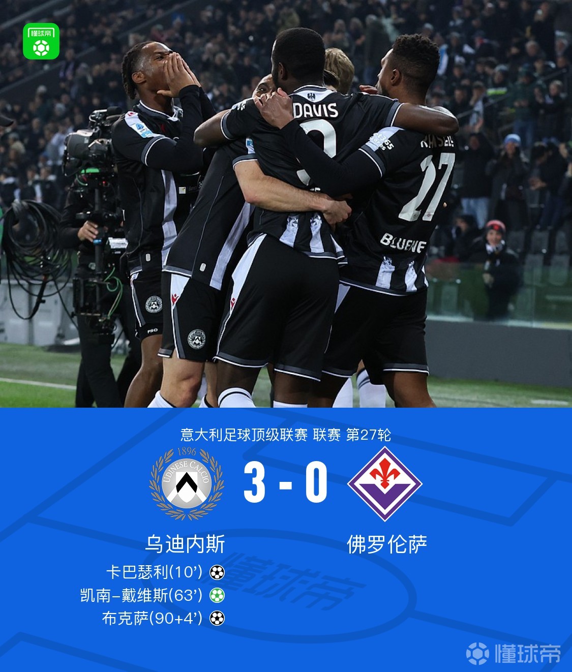 乌迪内斯3-0佛罗伦萨，凯南-戴维斯点射，卡巴瑟利破门
