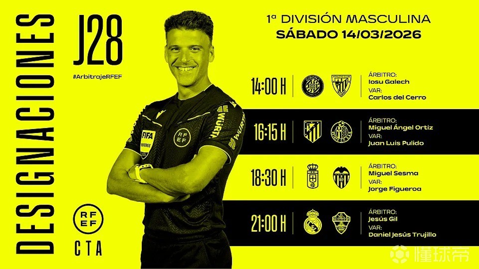  周六西甲裁判：希尔-曼萨诺将执法皇马vs埃尔切