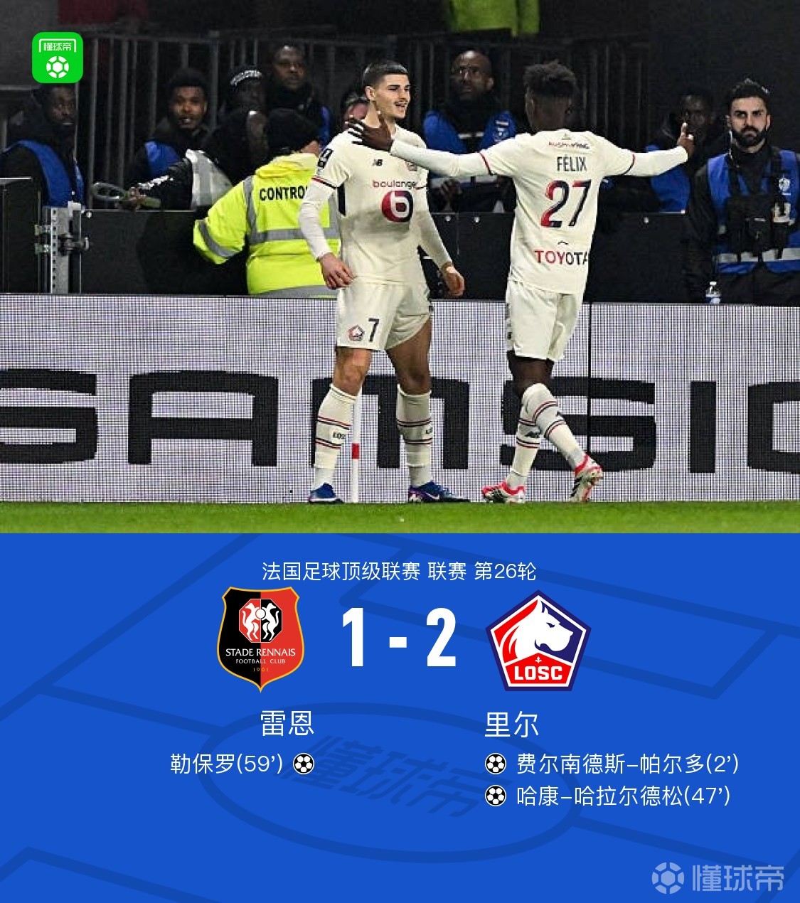 雷恩1-2里尔，帕尔多闪击，哈拉尔德松破门