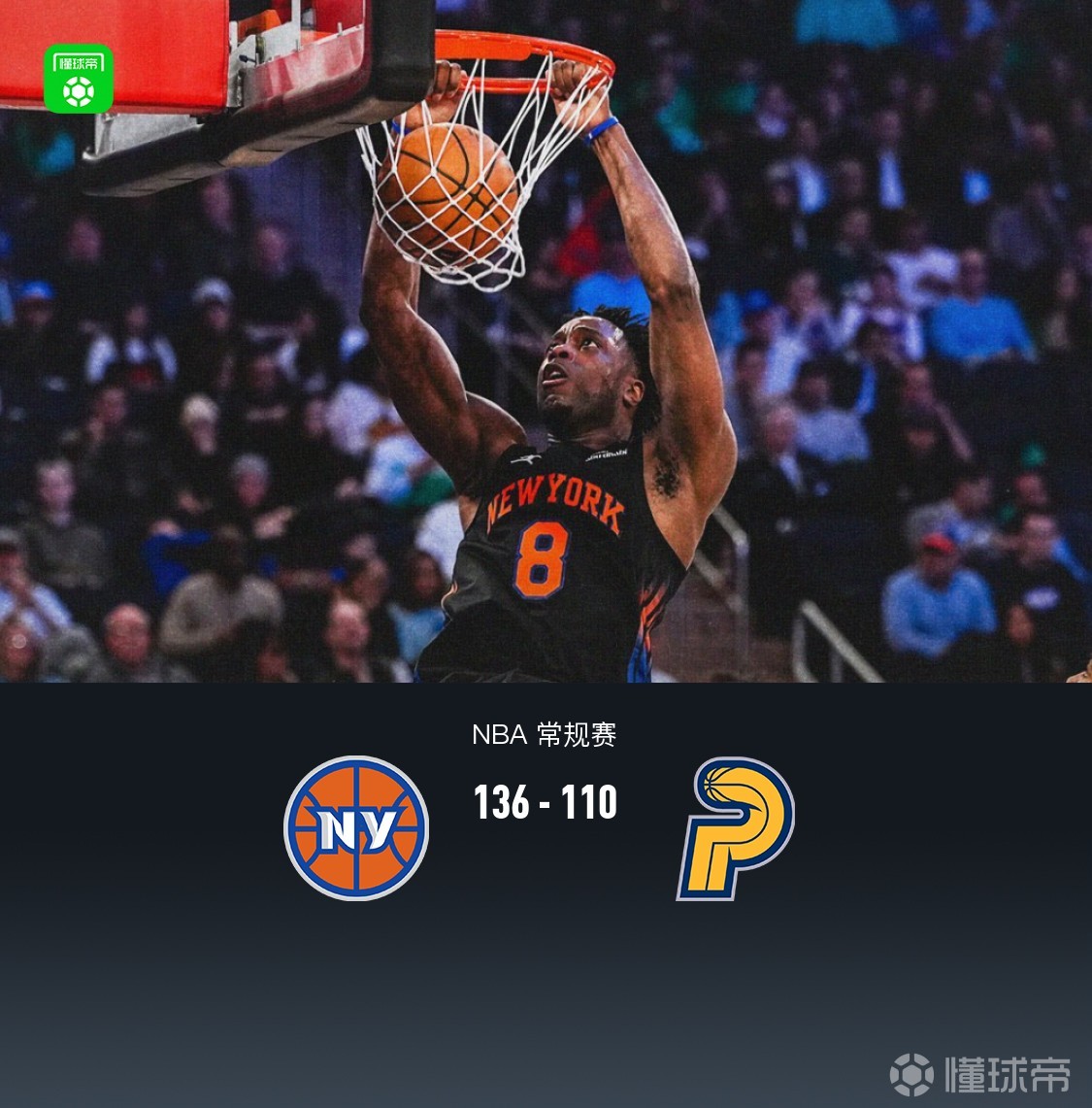 尼克斯136-110大胜步行者，哈特赛季新高33+7+5，唐斯22分