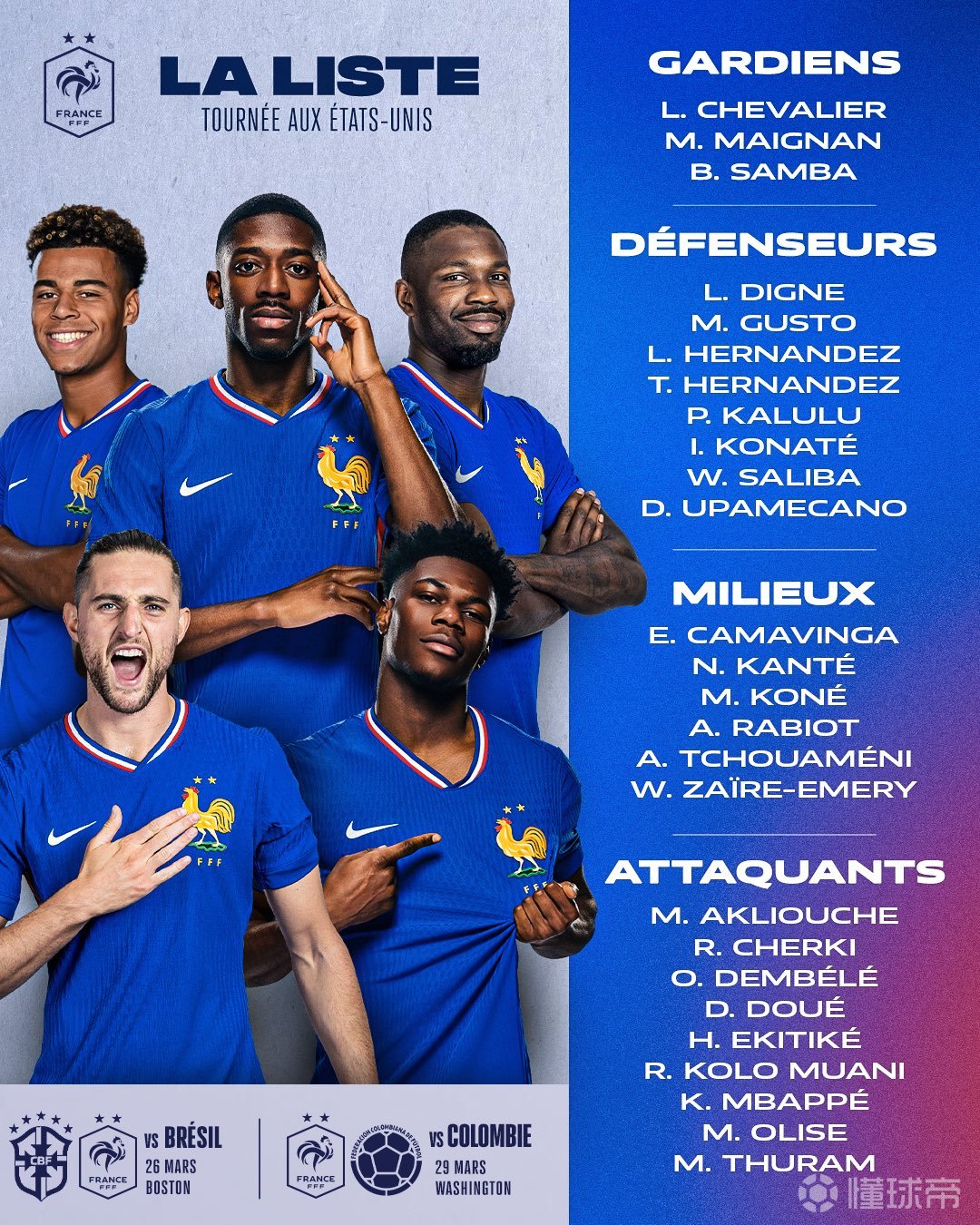 法国队大名单：姆巴佩、登贝莱领衔，奥利塞、杜埃、坎特在列